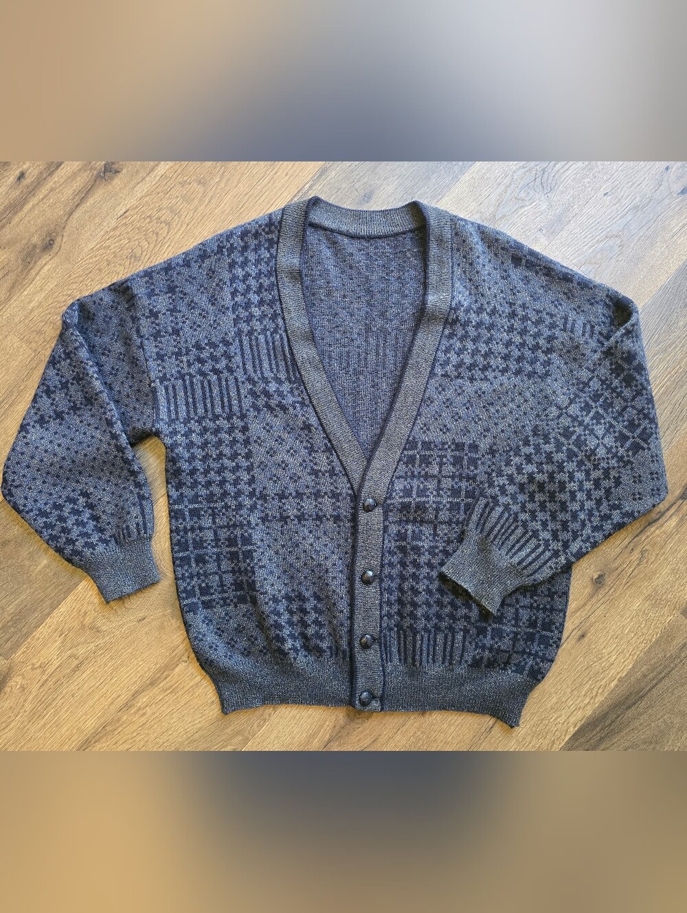Vintage German Men's Dark Gray Patterned V-Neck Cardigan Sweater